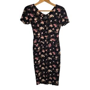 Vtg BYER DRESS Womens Black Floral Midi Dress 8 90s Buttons Pencil Moody Grunge